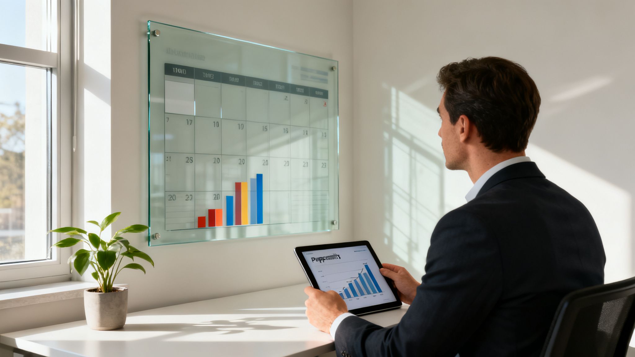 A businessman reviewing data on a tablet with a wall-mounted calendar and charts in a modern office.
