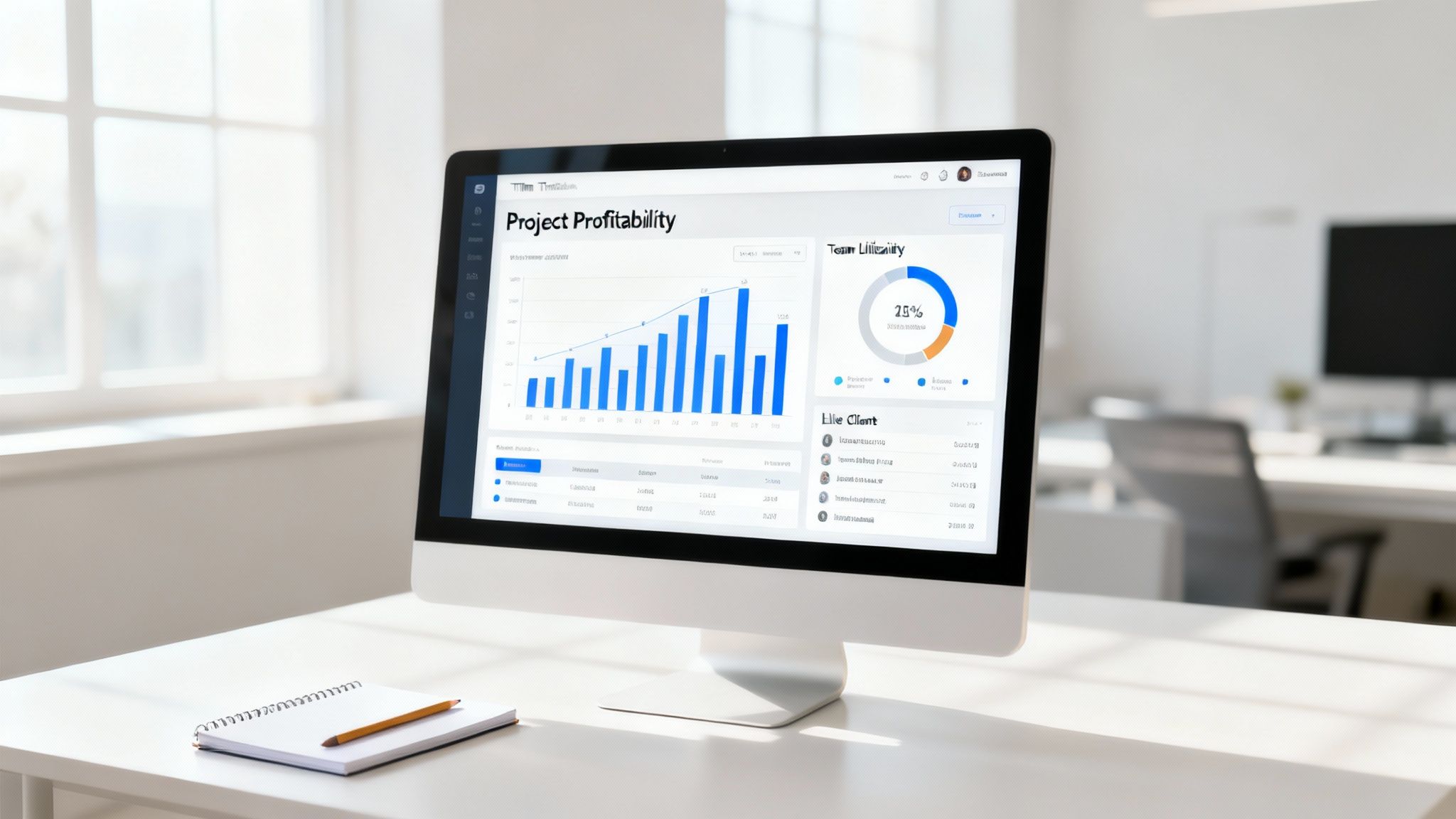 A computer screen displaying a project profitability dashboard with graphs and client data in a modern office.