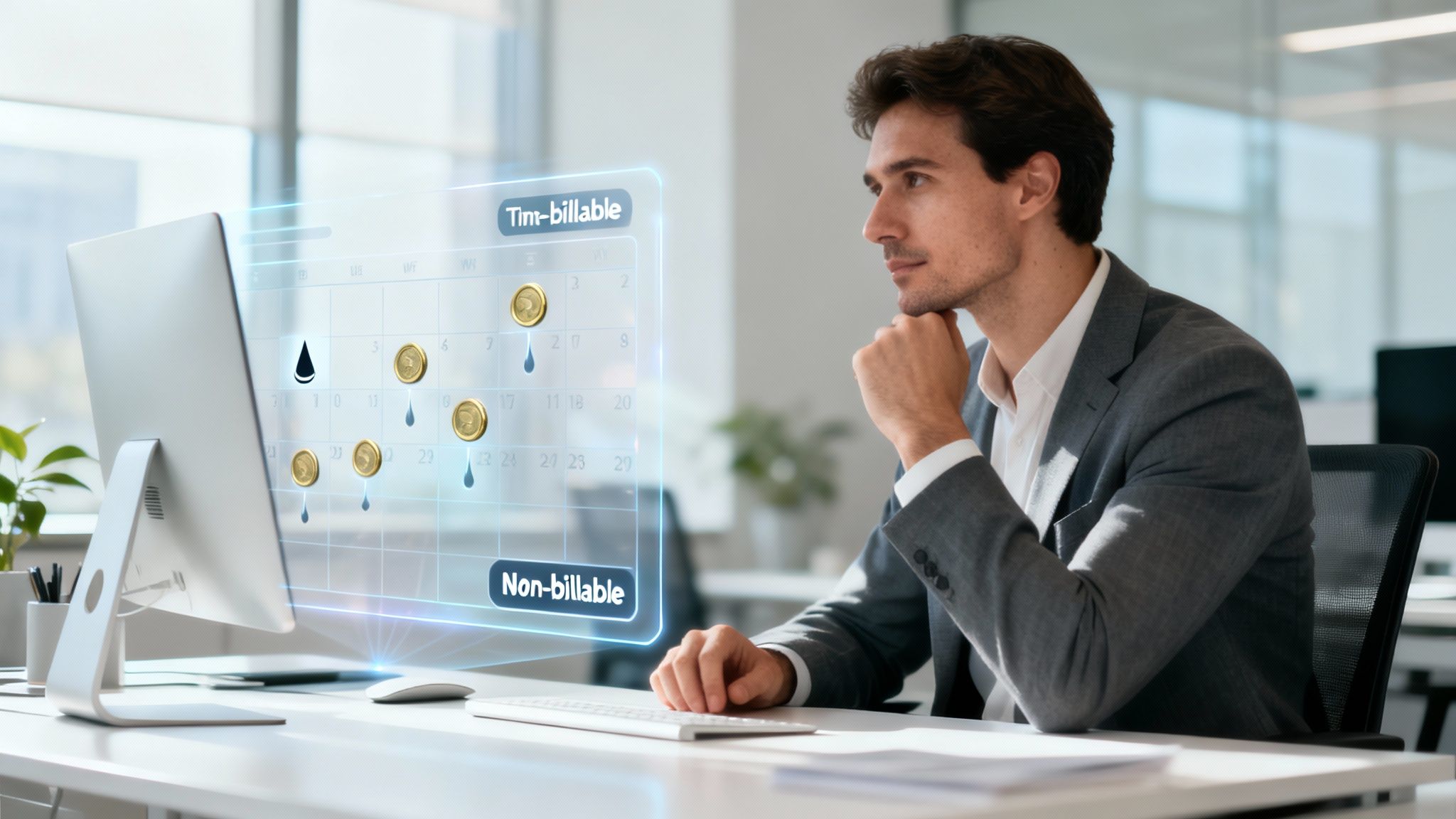 Man in a suit analyzes a holographic billable hours calendar on his computer in a modern office.