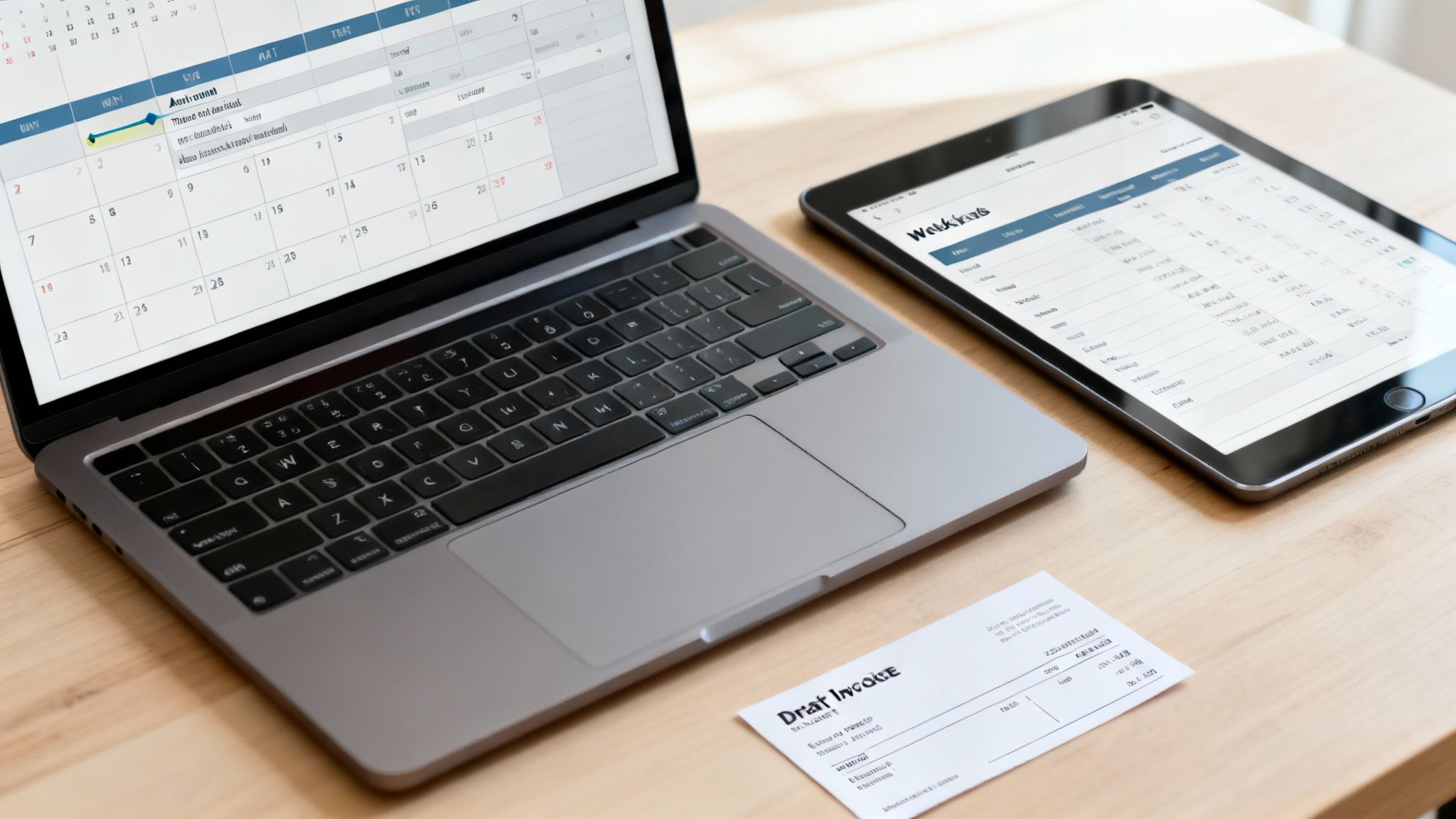 A modern office setup with a laptop, tablet, and a paper invoice on a light wooden desk.