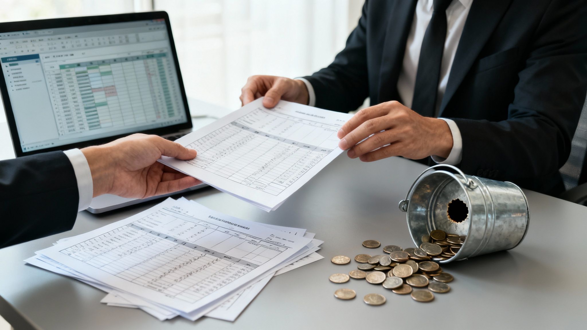 Two business people exchanging financial documents on a desk with a laptop and scattered coins.