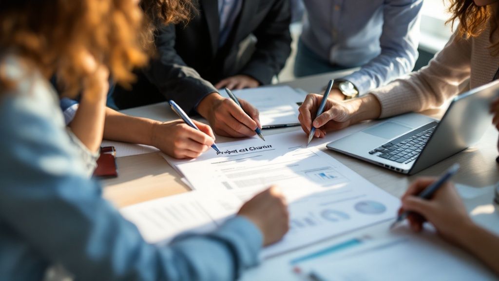 A group of professionals collaborating on a project management work plan around a table.