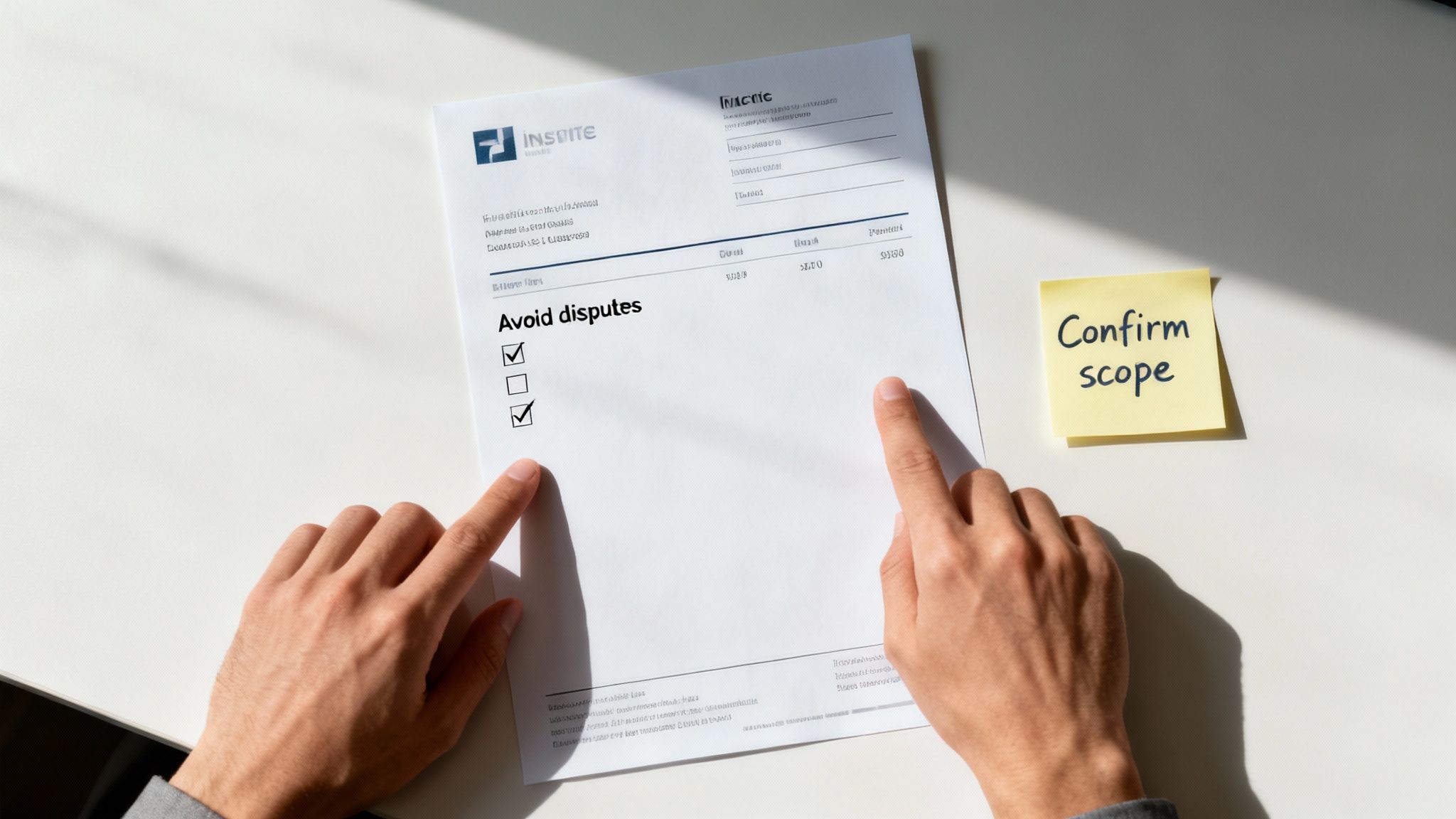 Two people in a meeting, one looking concerned while reviewing a document, illustrating a potential client dispute over billing.