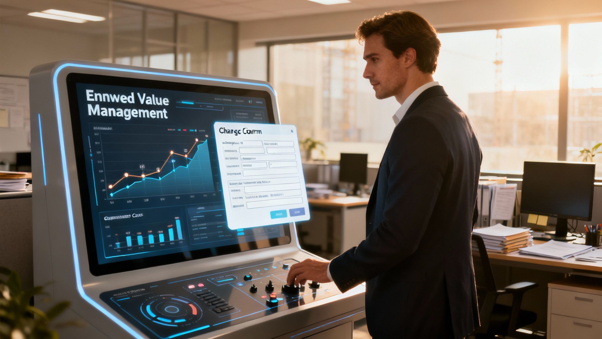 A project manager at a desk with multiple monitors, analyzing financial charts and graphs to control project costs.