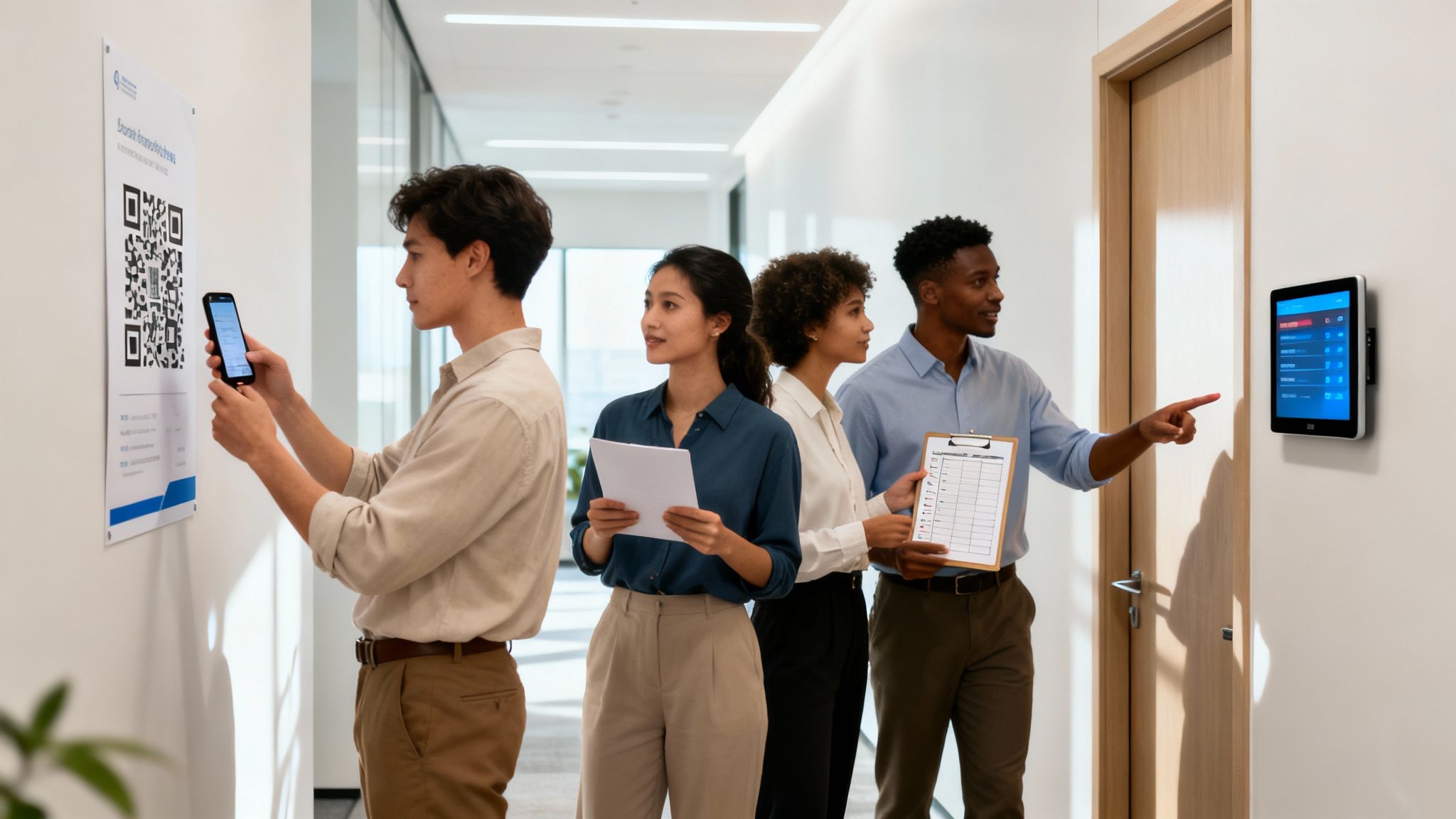 A diverse team of professionals interacting with a QR code and a digital screen in a modern office hallway.
