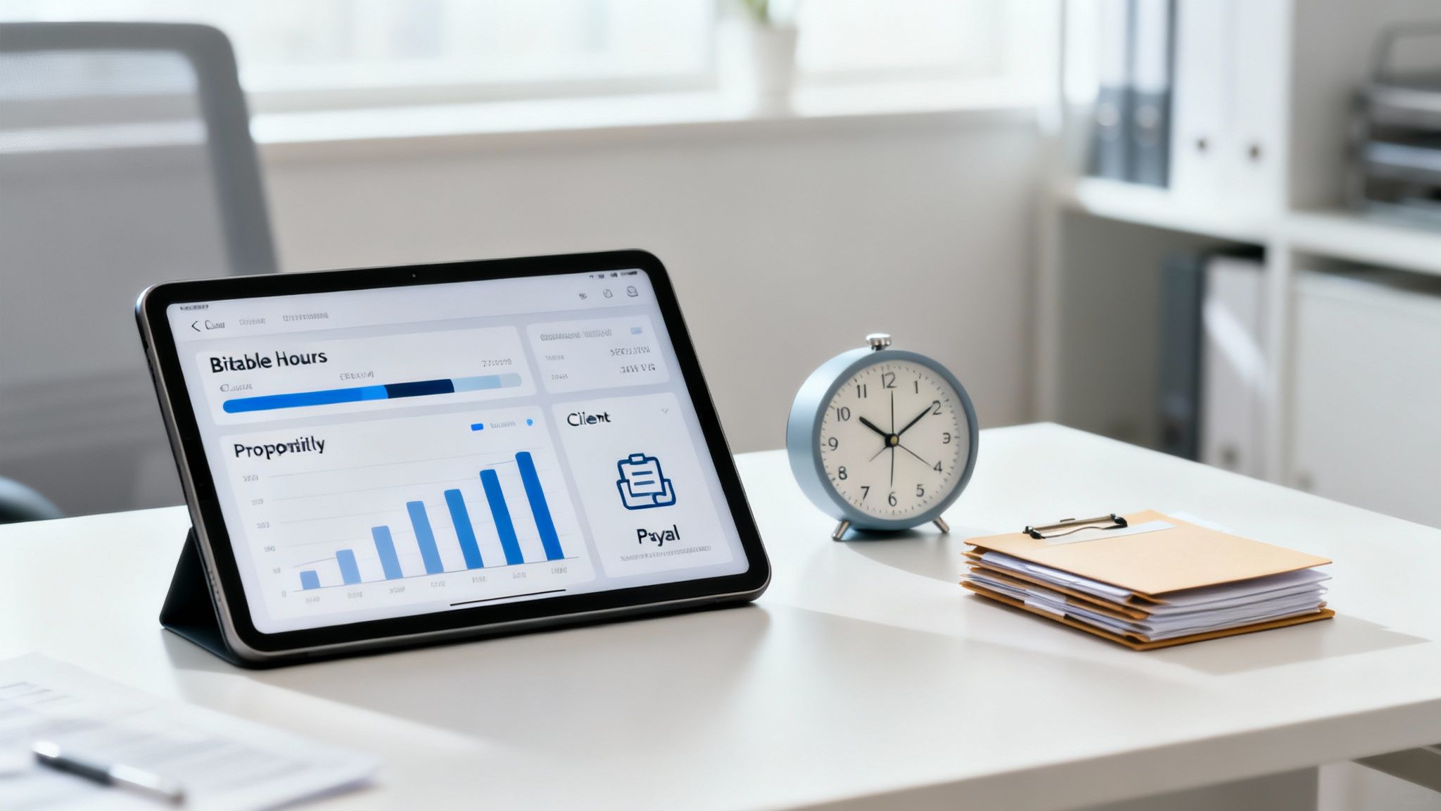 A tablet showing billable hours charts, an alarm clock, and documents on a bright office desk.
