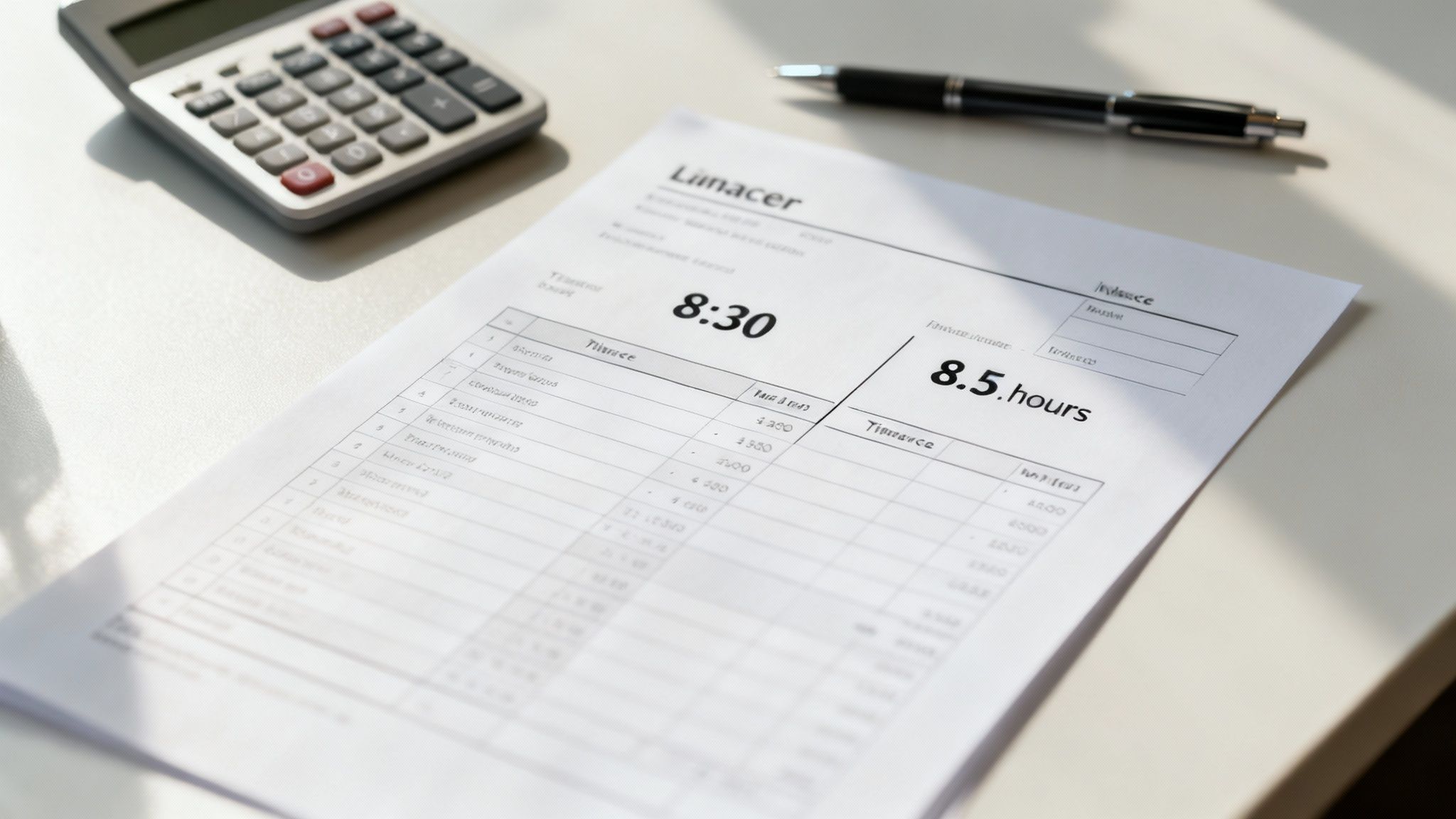 A document displaying time 8:30 and 8.5 hours, with a calculator and pen.