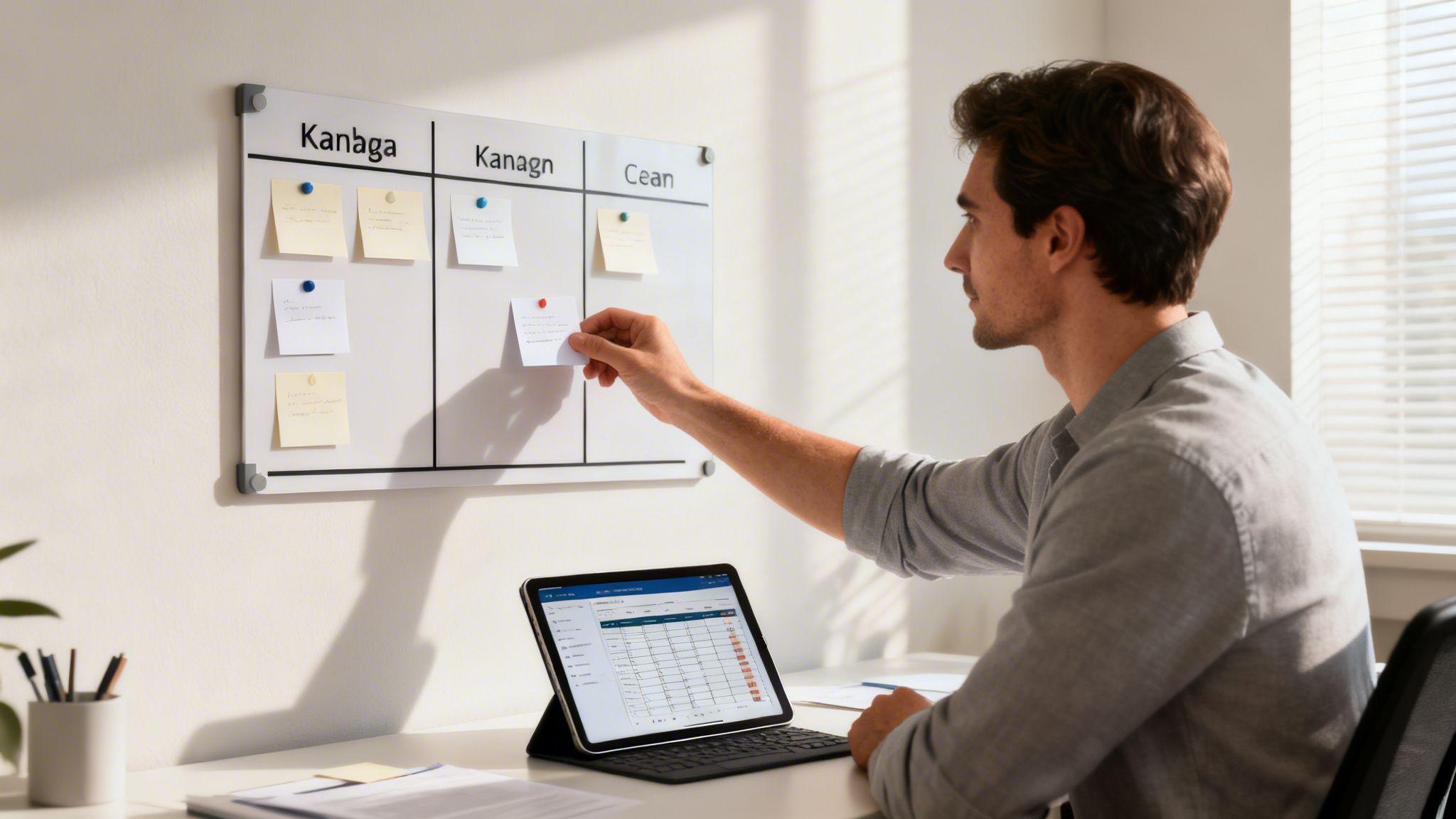 Man in a grey shirt organizing sticky notes on a whiteboard next to a tablet.