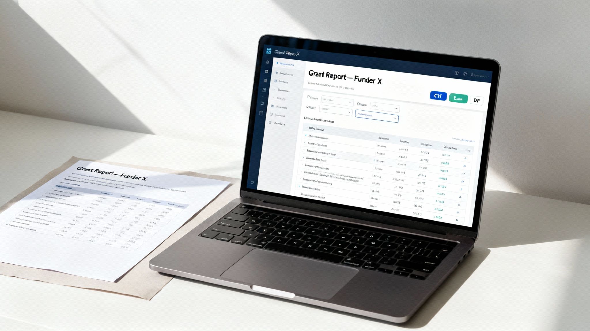 A grant report displayed on a laptop screen and printed on paper on a white desk.