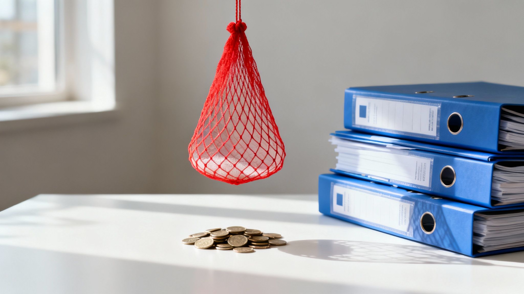 Red mesh net catching coins beside blue binders representing project budget management