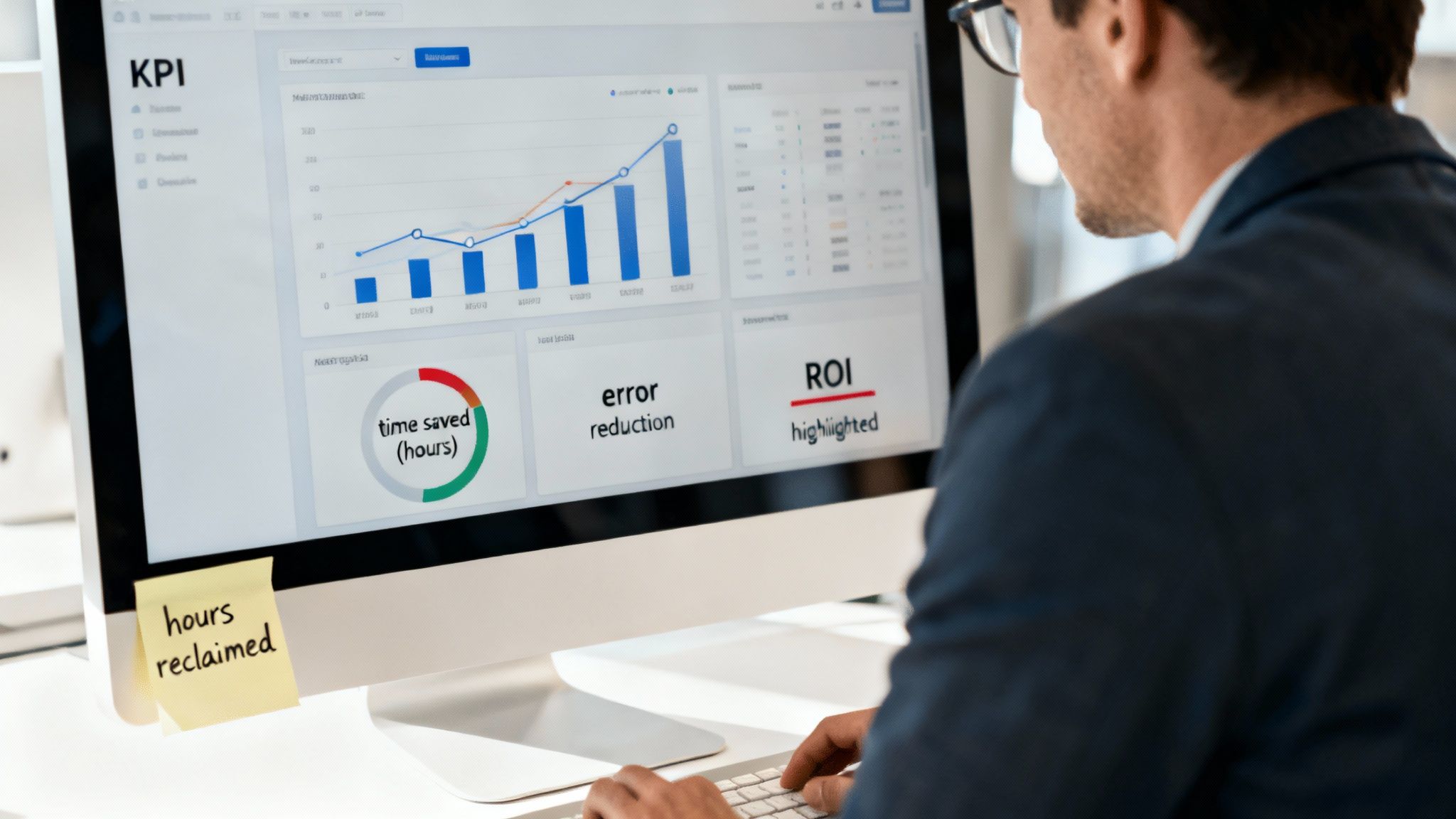 An image showing a dashboard with graphs and charts measuring key performance indicators and return on investment for automation projects.