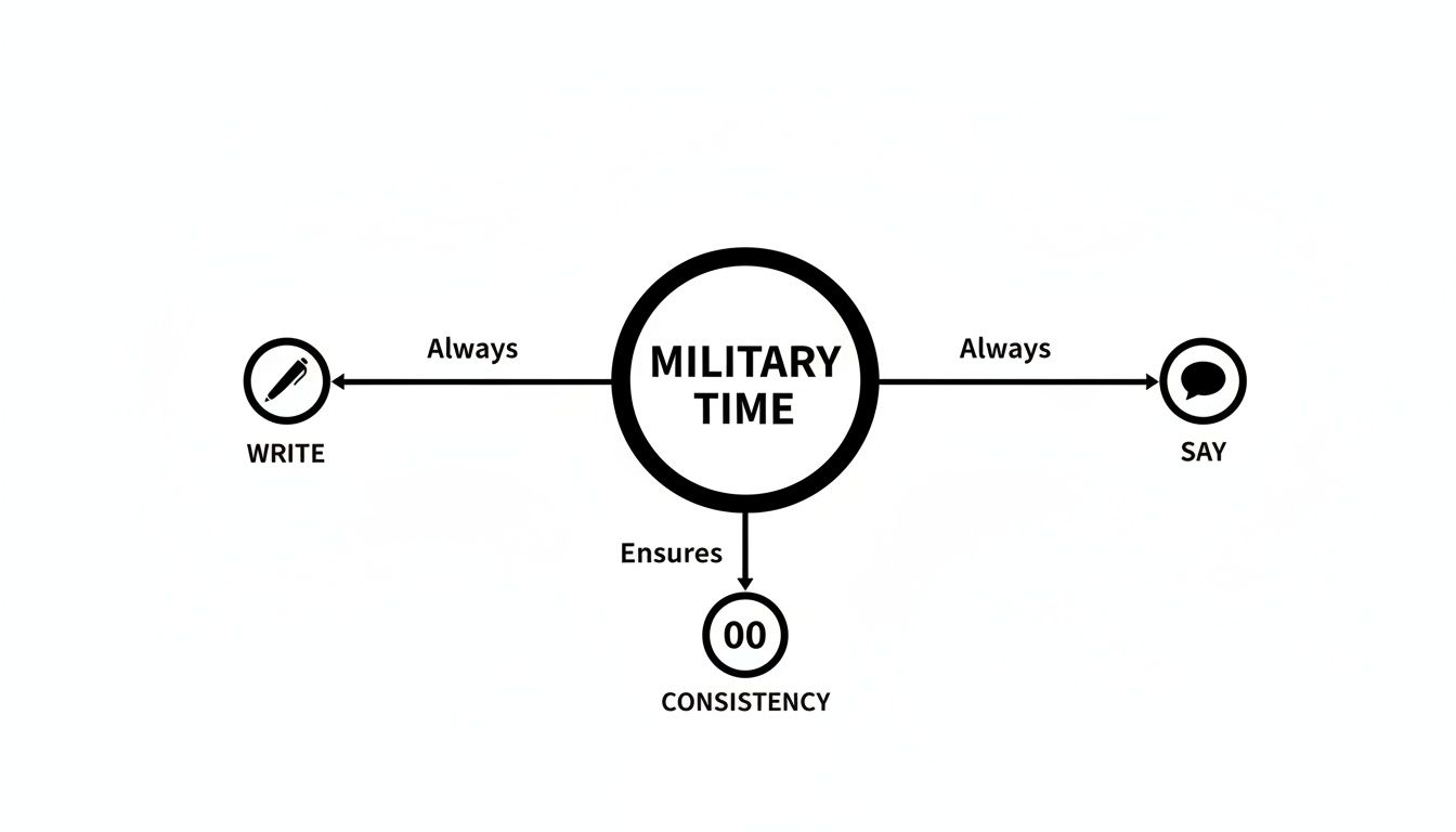 Diagram explaining military time use for writing and speaking, emphasizing consistency with '00' minutes.
