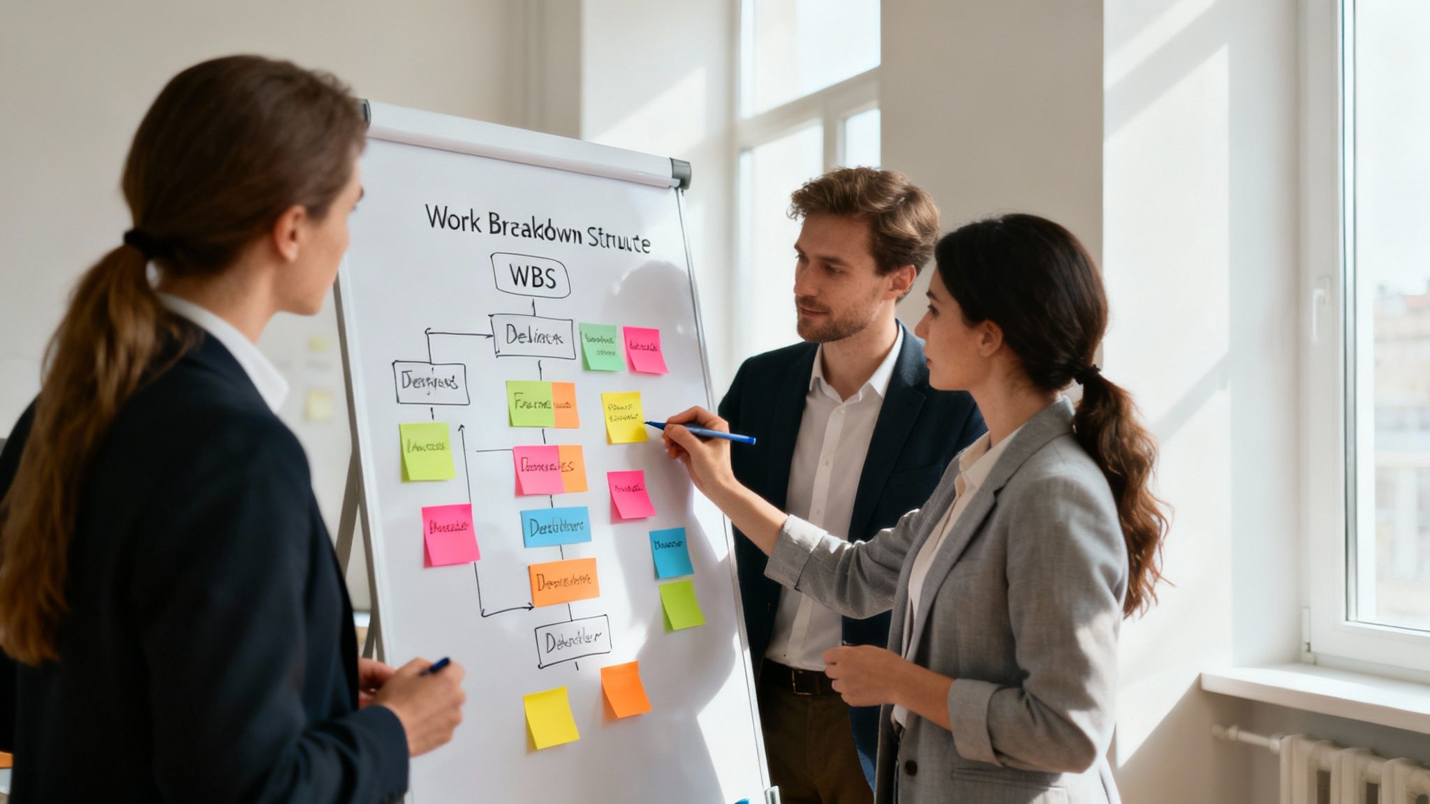 A team collaborating on a project plan with sticky notes on a glass wall