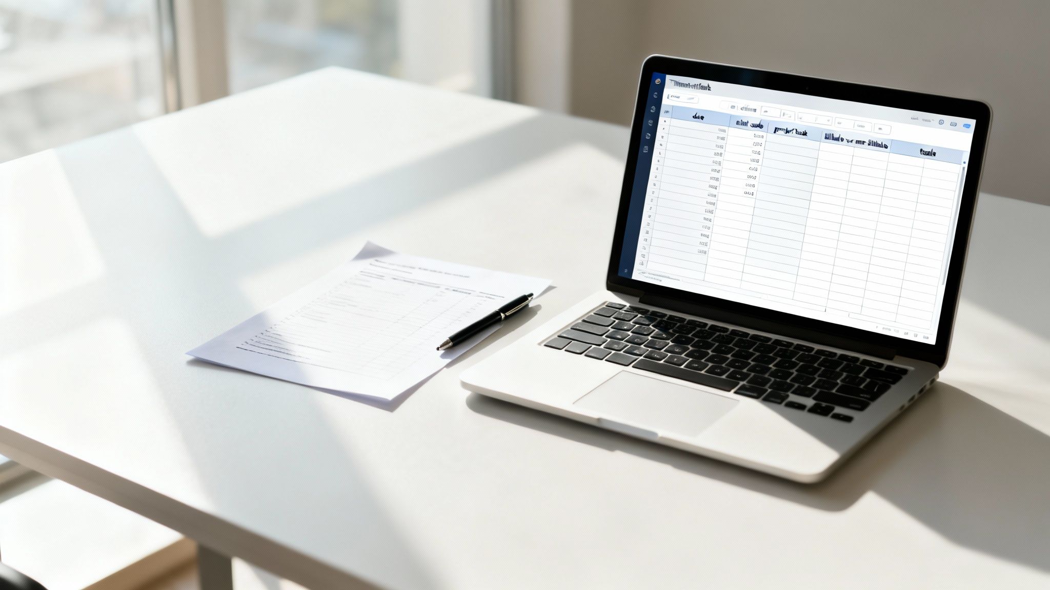 A laptop displaying a timesheet spreadsheet, a document, and a pen on a bright white desk.