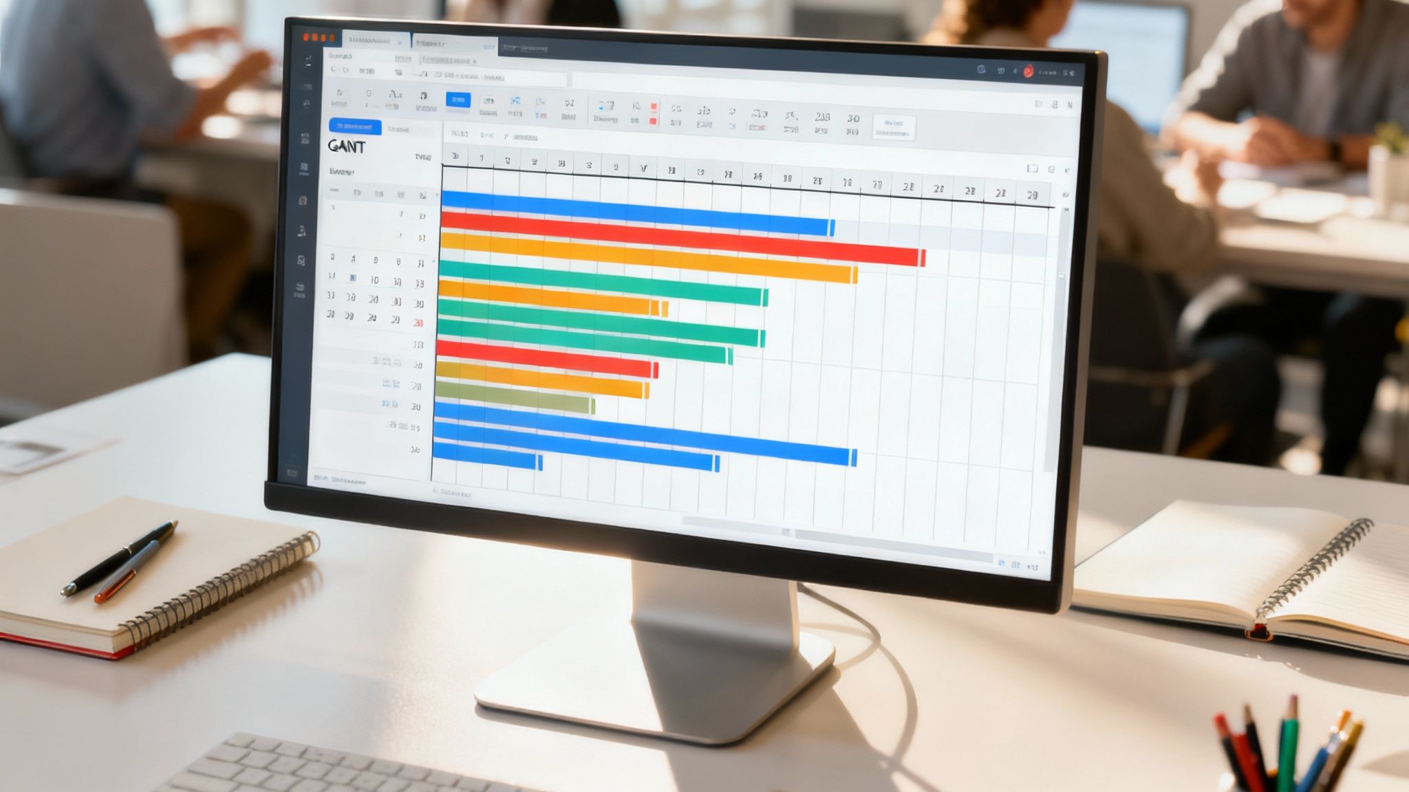 A visual representation of a Gantt chart showing project tasks and timelines with horizontal bars.