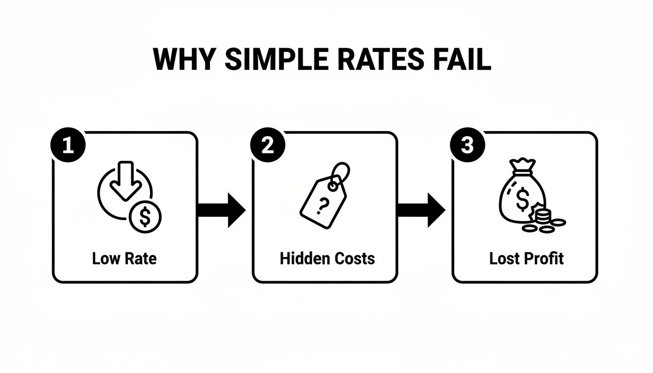 A flowchart explaining why simple rates fail: low rate leads to hidden costs, resulting in lost profit.