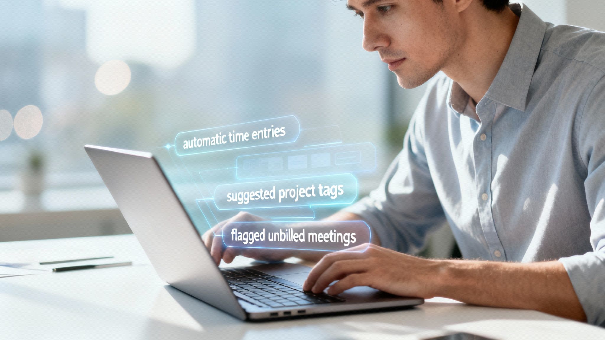 Man using a laptop with holographic overlays showing project management and time tracking features.