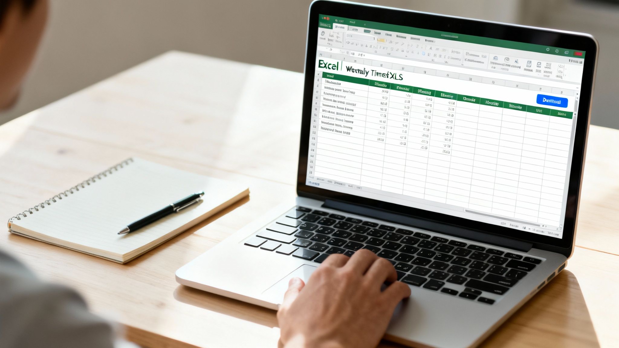 A person's hand on a laptop displaying an Excel weekly timesheet and a notebook on a desk.