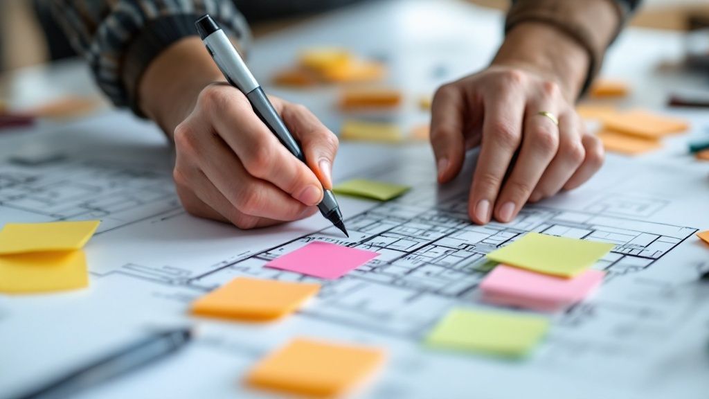 A project manager pointing to a whiteboard with sticky notes, defining project scope with a small team.