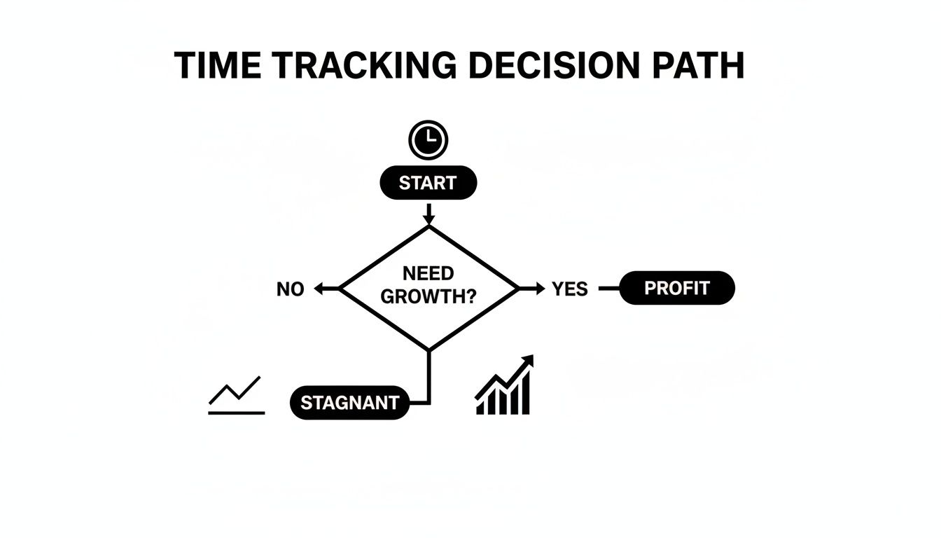 Flowchart illustrating a time tracking decision path, leading to profit if growth is needed, or stagnation.