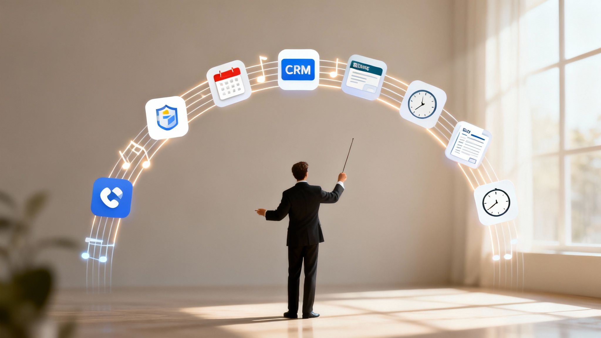 A man conducts a semicircle of business app icons like CRM, calendar, and phone, symbolizing project management integration.