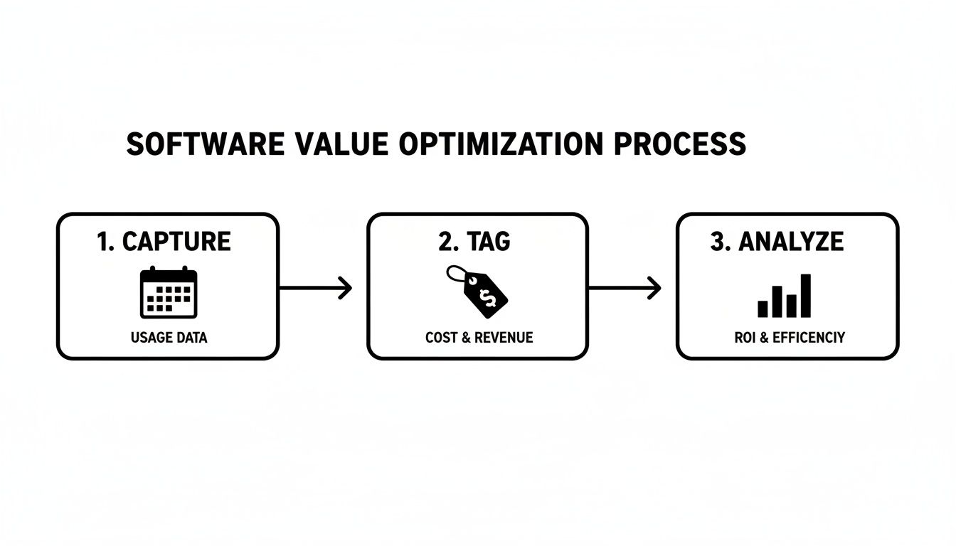 Diagram illustrating the software value optimization process: capture usage data, tag cost & revenue, analyze ROI & efficiency.