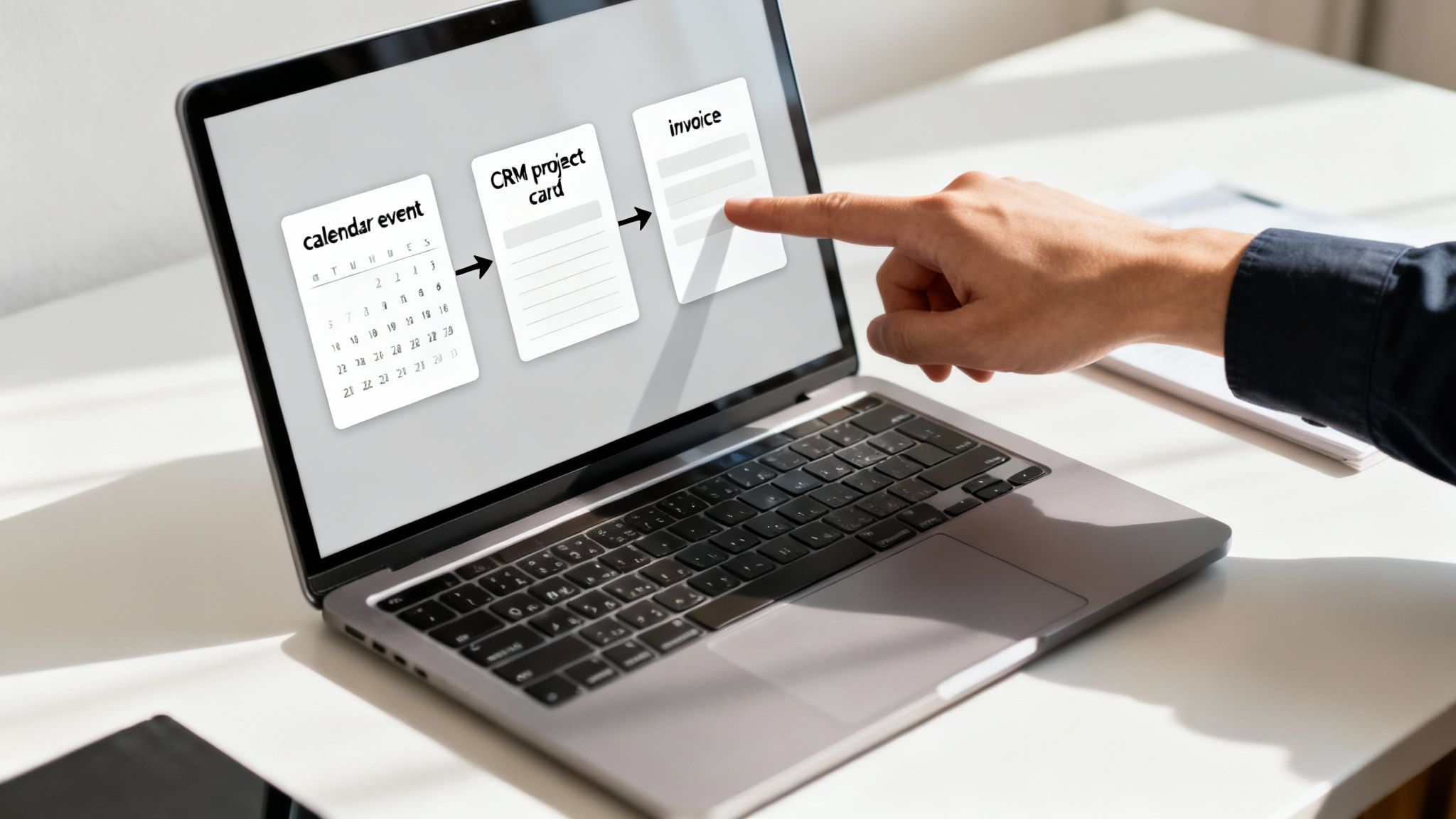 A person's hand points to an invoice card on a laptop screen displaying a project management workflow.