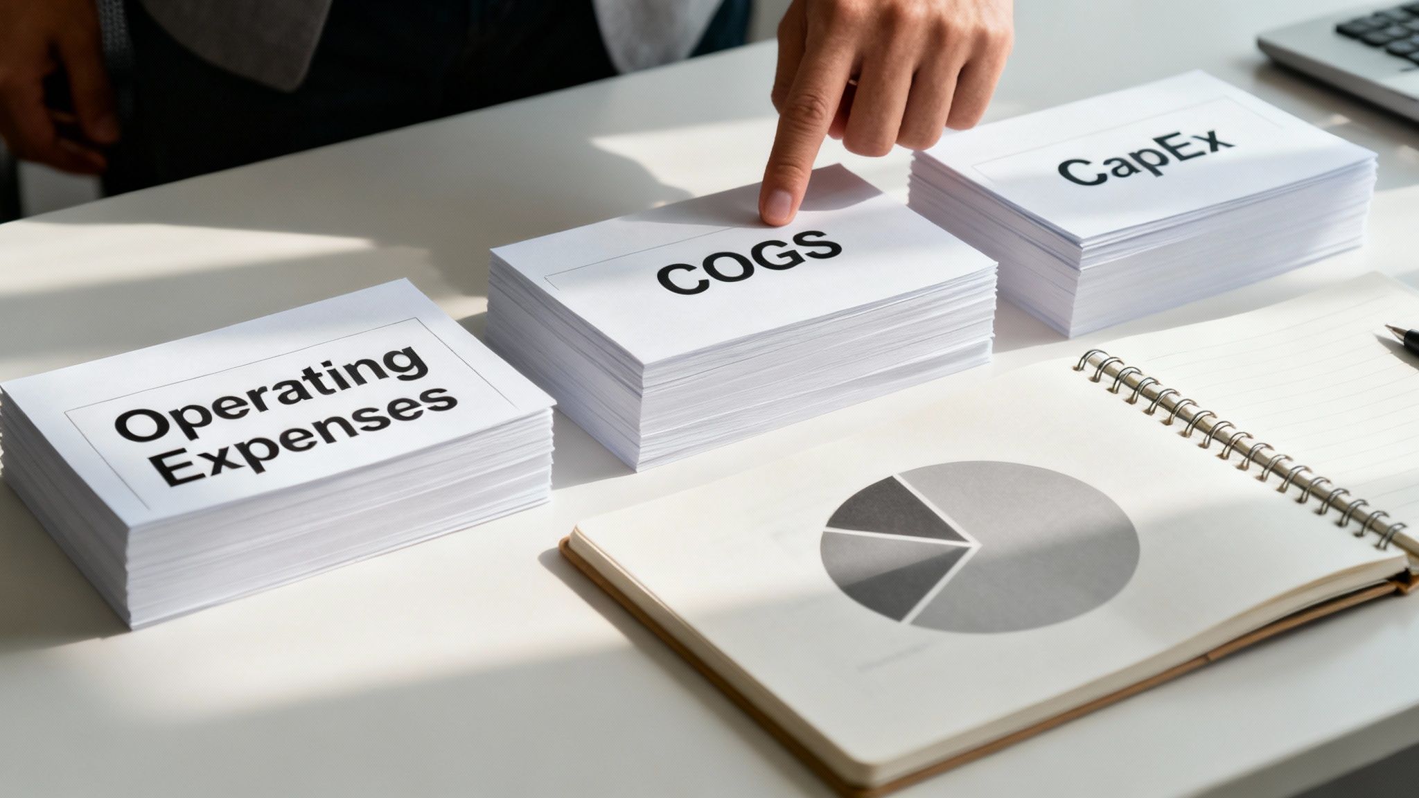 Business person pointing at COGS stack with operating expenses and CapEx documents on desk