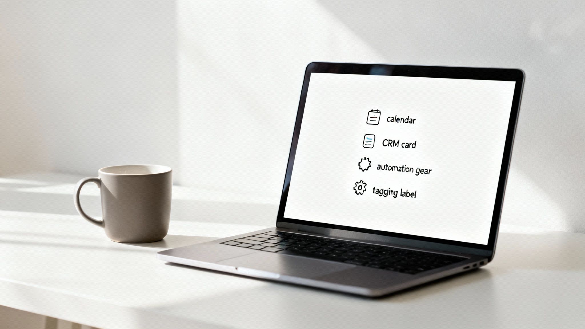 A laptop displaying calendar, CRM, automation, and tagging icons beside a coffee mug on a white desk.