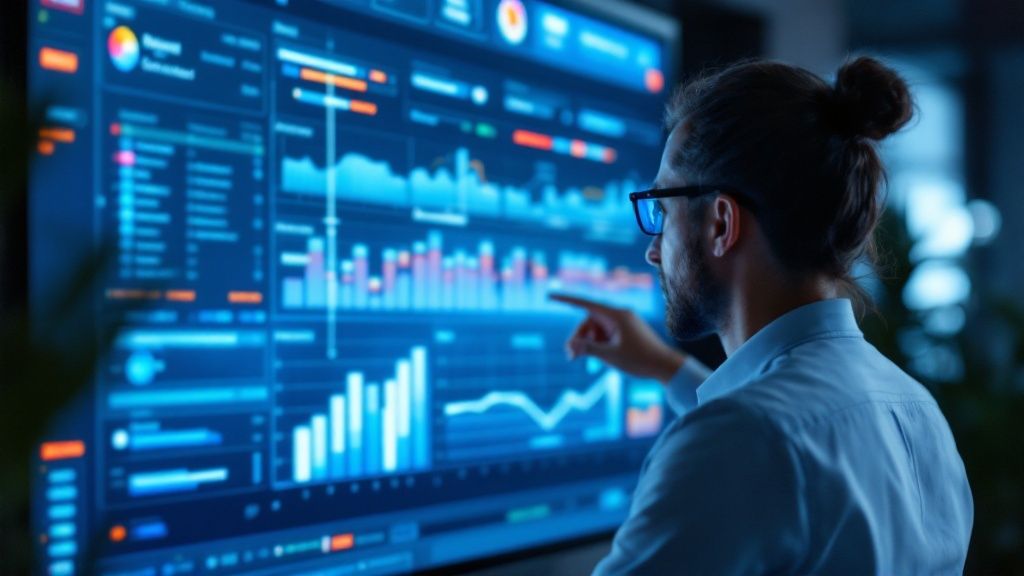 A person using a laptop with automated workflows and system integrations visualized around them.