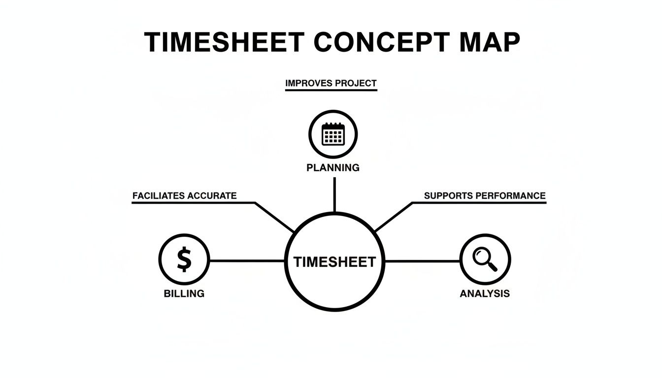 A concept map illustrating the benefits and applications of timesheets for project planning, accurate billing, and performance analysis.