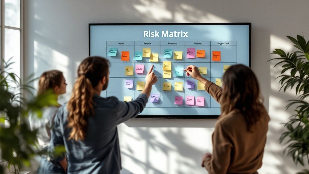A project manager reviews a Gantt chart on a large screen while team members provide updates.