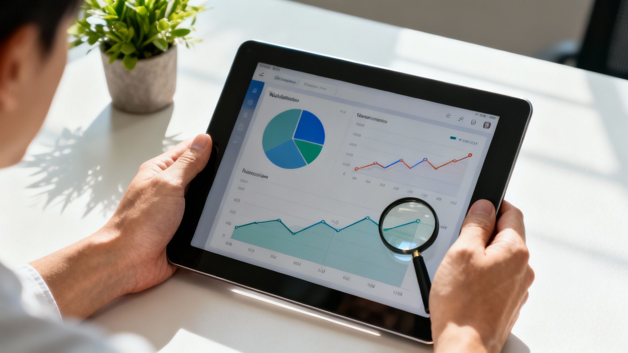A manager analyzing charts and graphs on a digital dashboard, representing business intelligence.