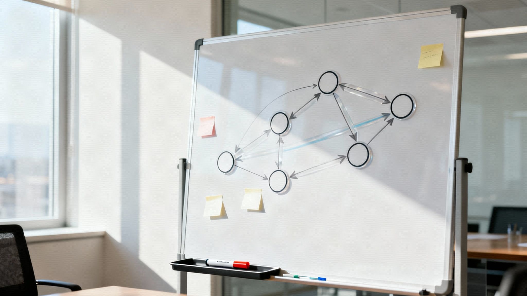 Whiteboard displaying network diagram with connected nodes and arrows showing project workflow relationships