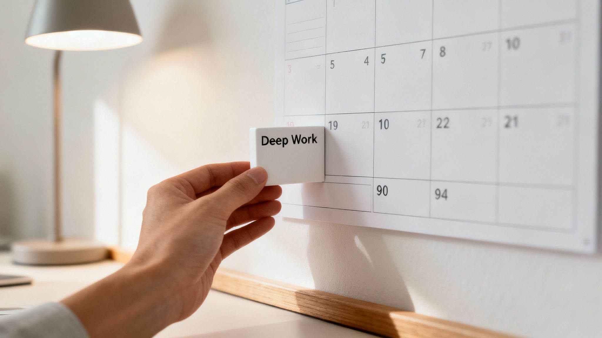 Hand holding card labeled Deep Work over desk calendar for scheduling focused productivity time