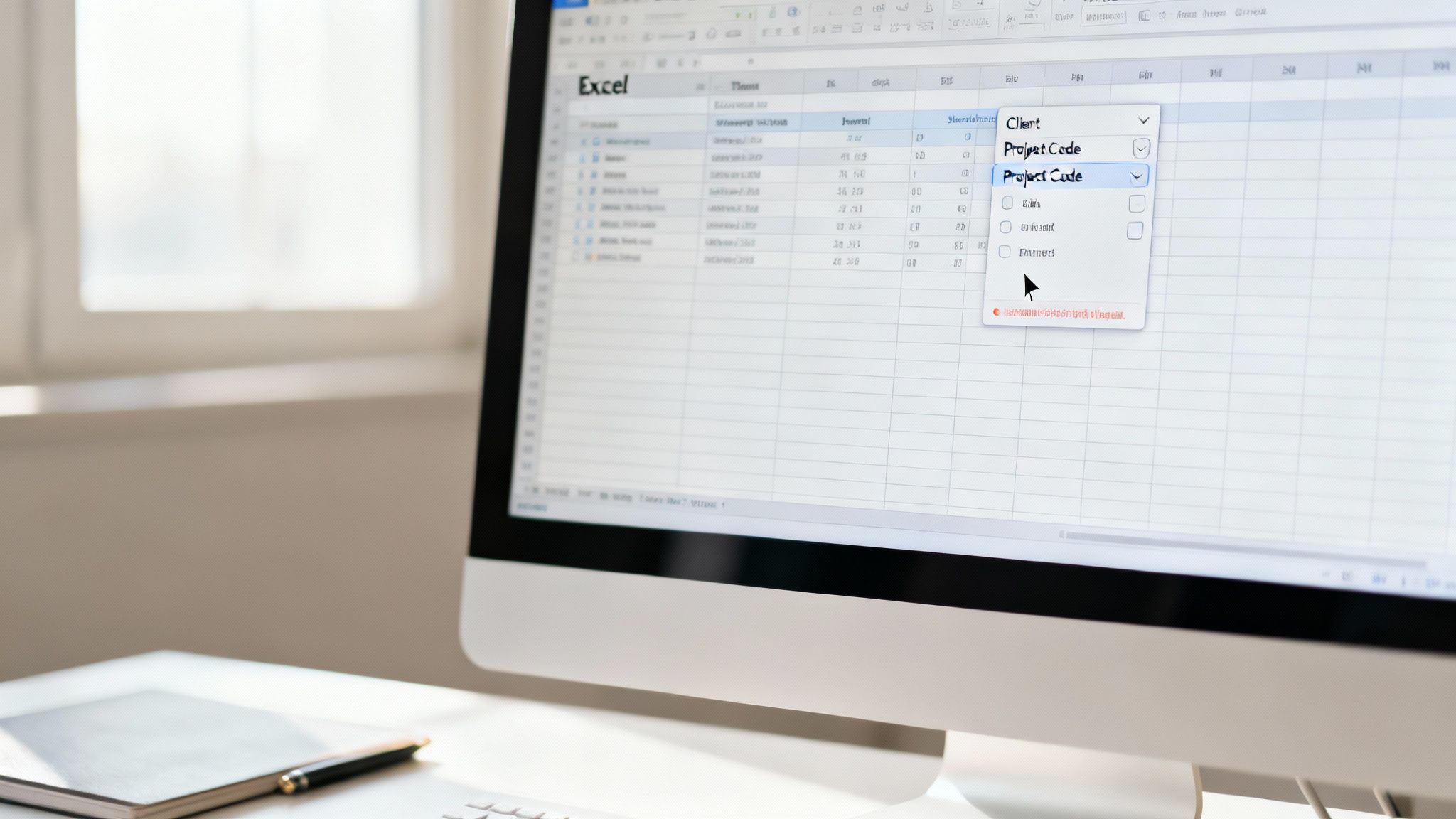 Close-up of a desktop computer displaying an Excel timesheet template with a project code dropdown.