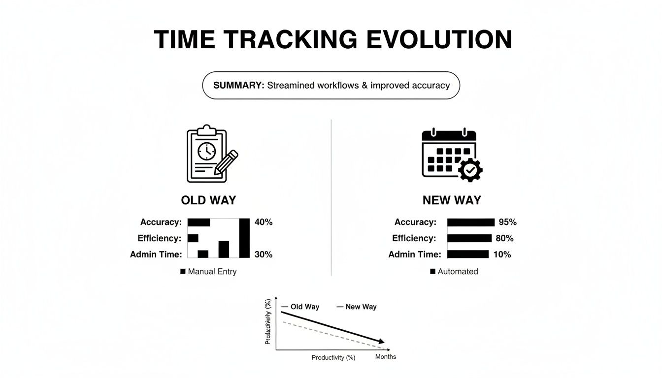 Comparison of old manual time tracking versus new automated methods, showing improved accuracy and efficiency.