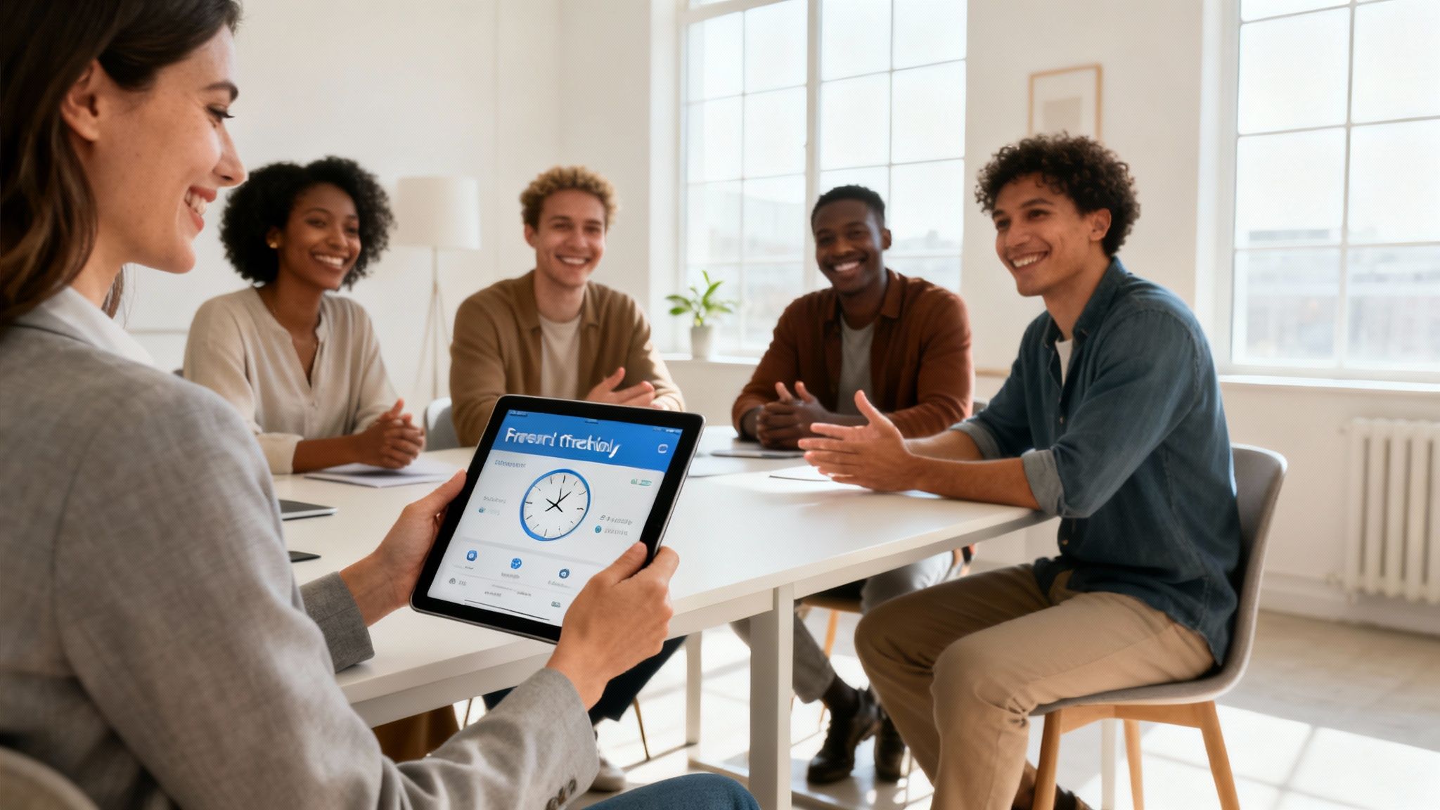 Smiling diverse colleagues at a meeting, looking at a woman presenting a time tracking app on a tablet.
