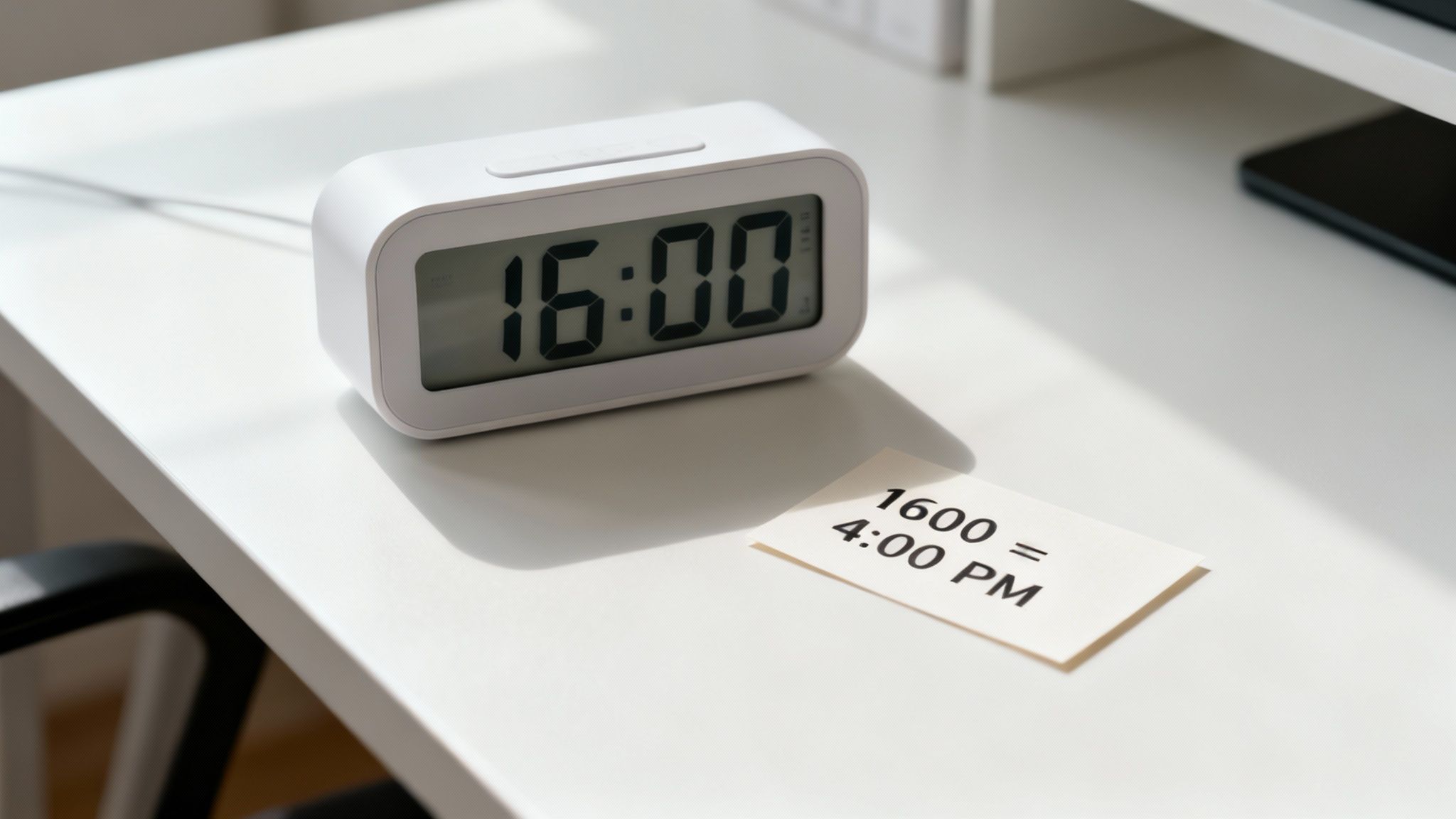 A white digital clock displays 16:00, alongside a note converting '1600 = 4:00 PM' on a desk.