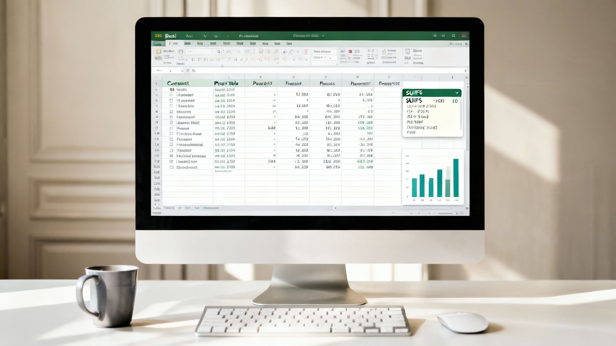 Excel spreadsheet showing a Pivot Table summarizing hours worked by project, with charts visualizing the data for business insights.