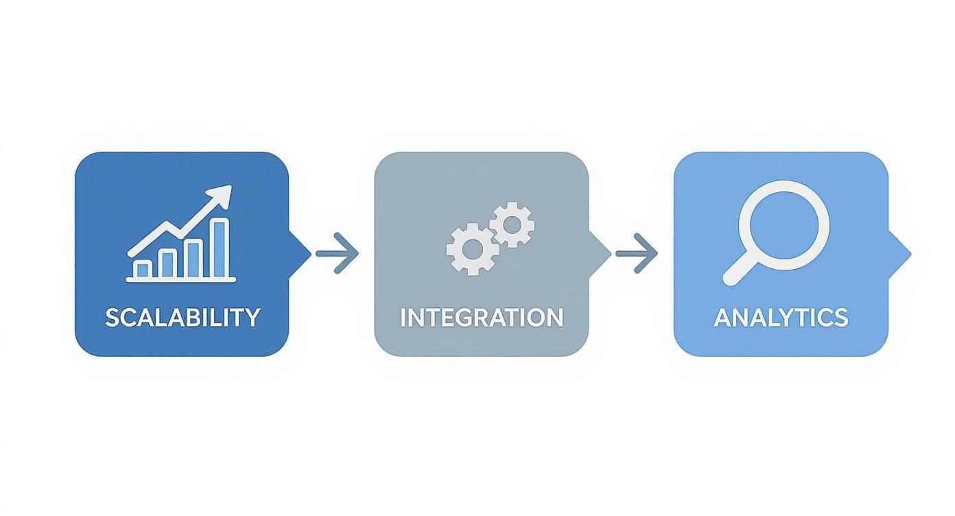 Infographic about workforce planning software showing three steps Scalability, Integration, and Analytics
