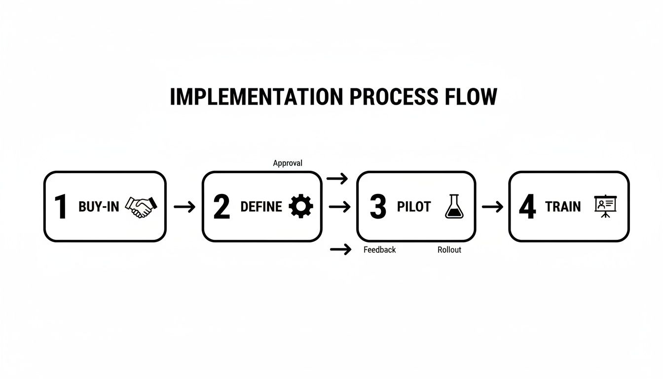 A black and white diagram illustrating a four-step implementation process: Buy-in, Define, Pilot, and Train.