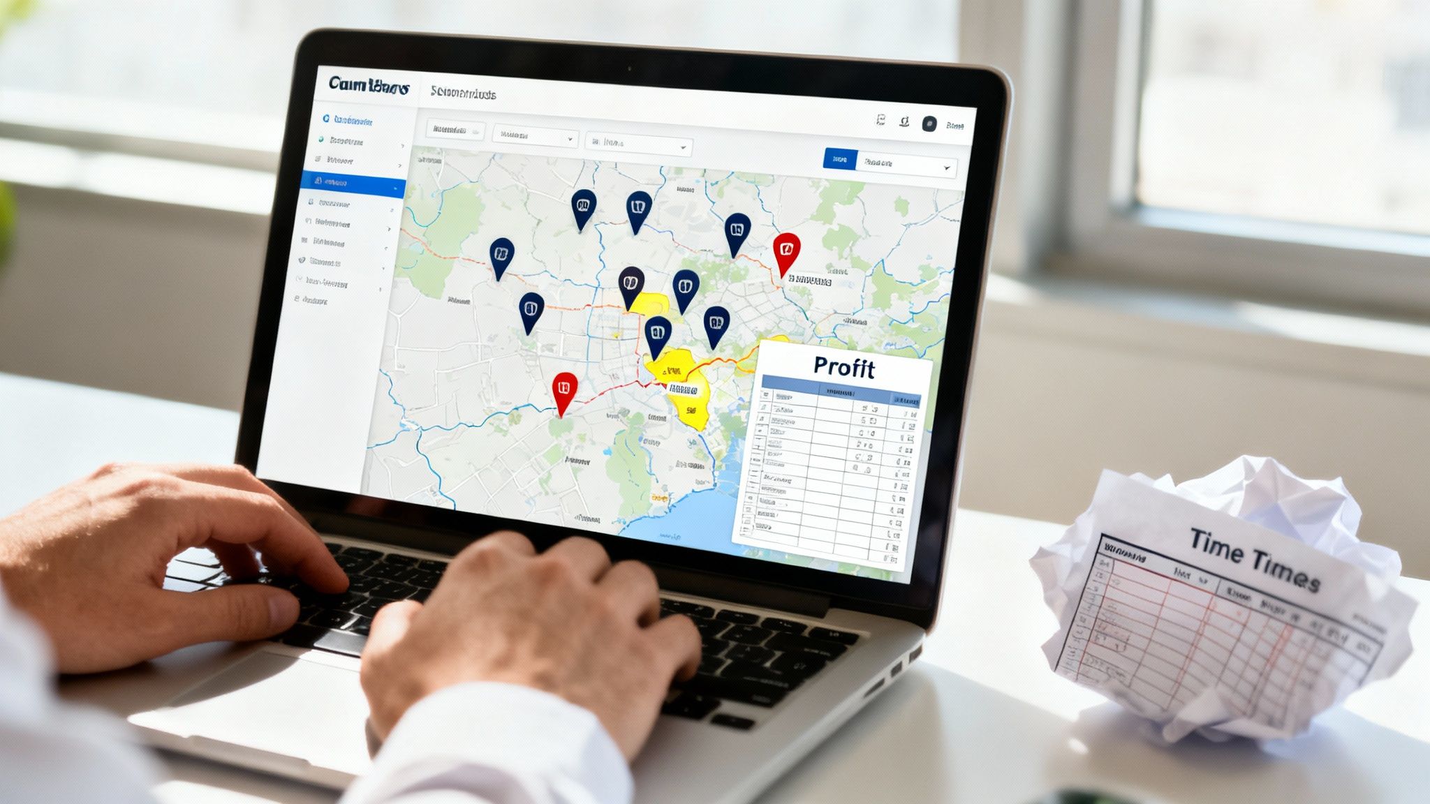 A person uses a laptop displaying a map with location pins and a profit report, next to a crumpled 'Time Times' paper.
