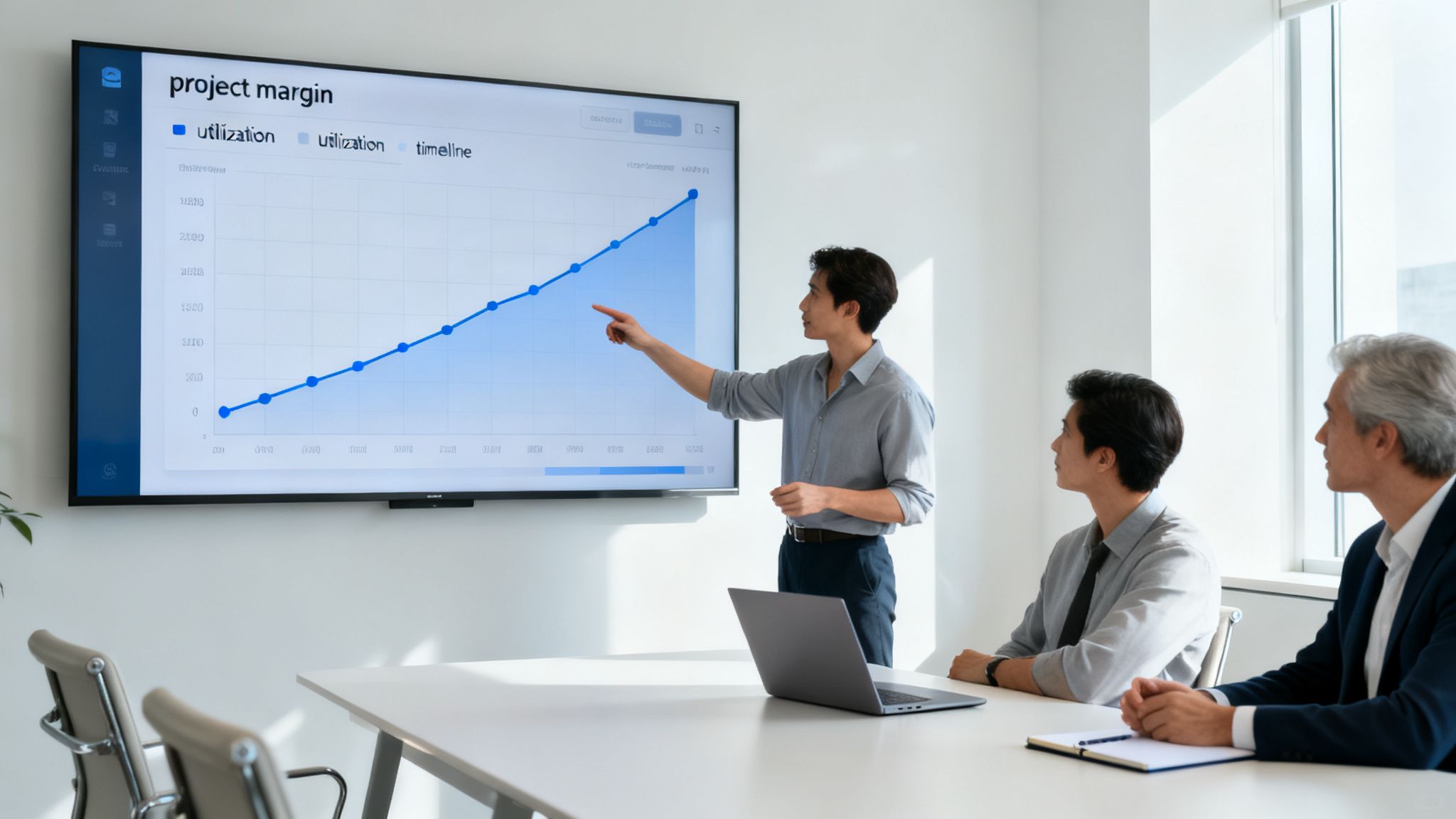 A man presents a 'project margin' line graph on a large screen to two colleagues in a modern meeting room.