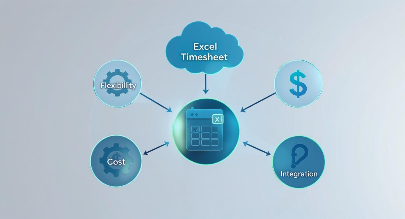 Diagram showing Excel timesheet considerations: flexibility, cost, money, and integration challenges.