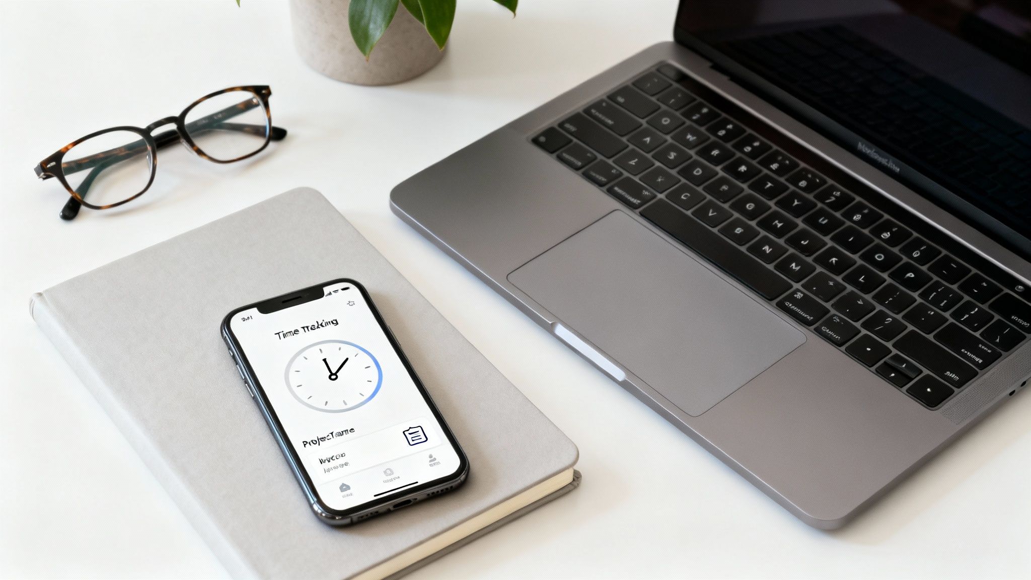 An image showing the TimeTackle interface on a laptop, with analytics dashboards and calendar integration visible.