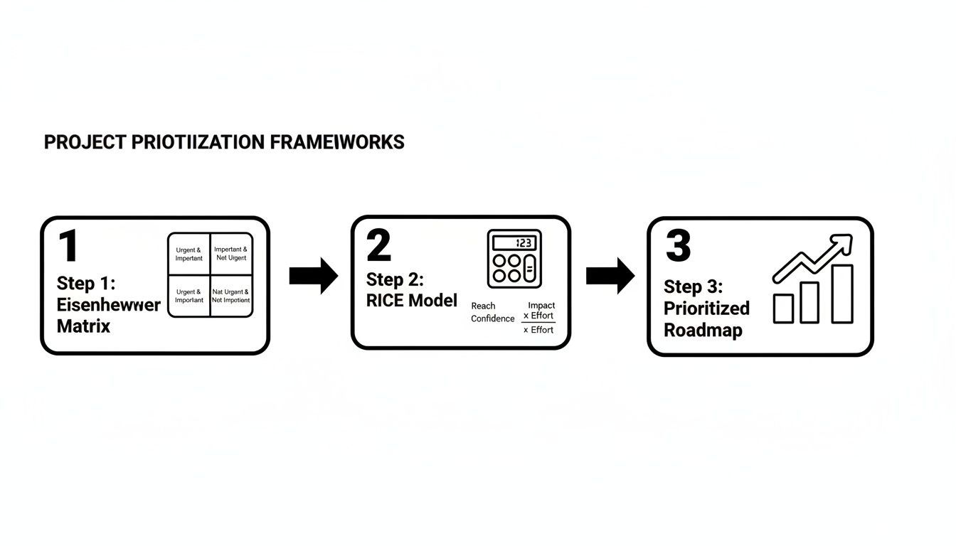 A three-step diagram outlining project prioritization frameworks: Eisenhower Matrix, RICE Model, and a prioritized roadmap.