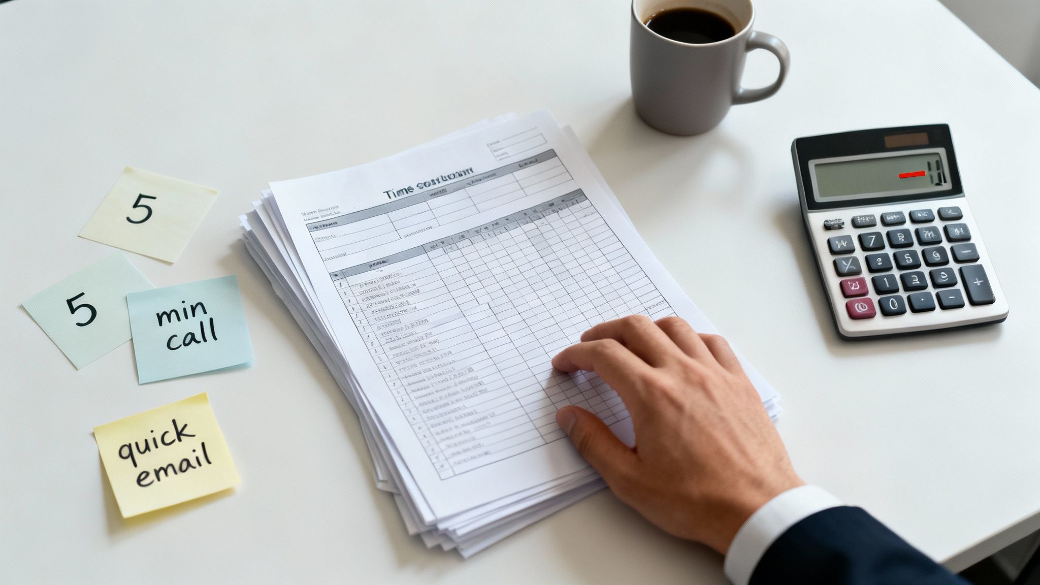 Businessman's hand on a time sheet with calculator, coffee, and sticky notes for billable hours.