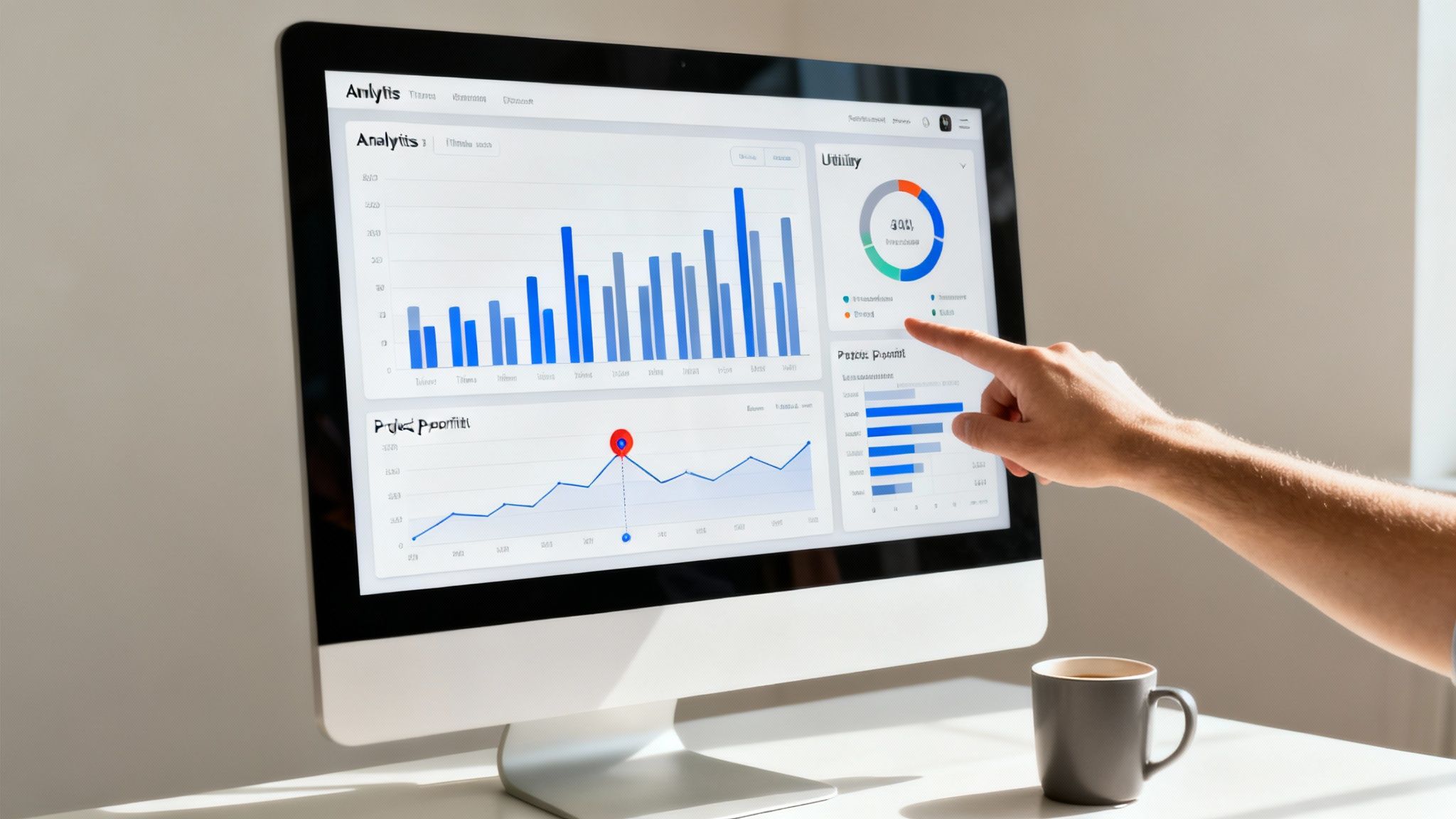 A hand pointing at a computer screen displaying various business data analytics, charts, and graphs.
