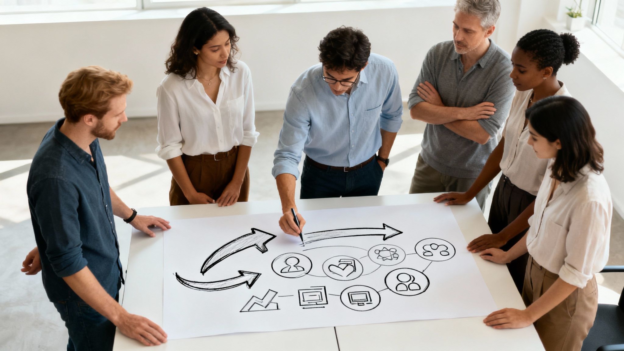 A team collaborating around a table, illustrating modern team productivity concepts.